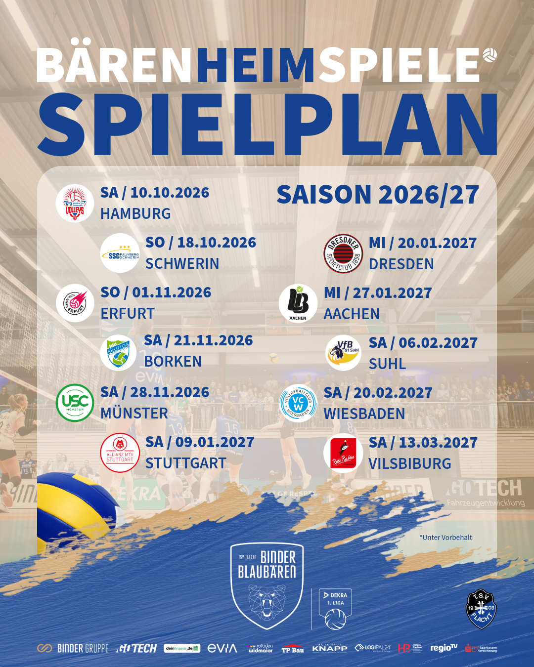 Termien der Binder Blaubären TSV Flacht für die Saison 2026/2027